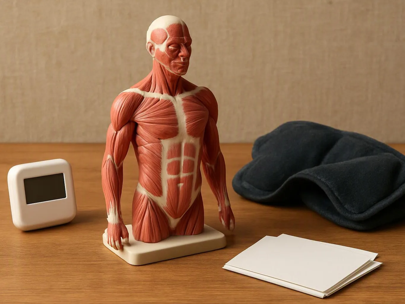 An anatomical muscle model stands on a wooden table beside a small display, folded cloth, and blank cards