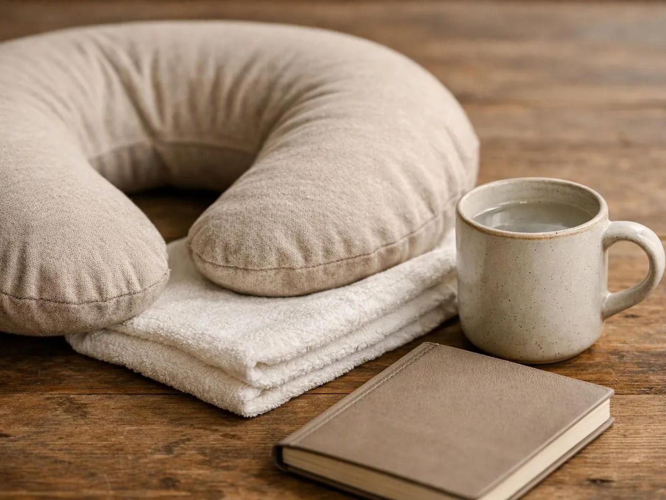 A beige travel pillow rests on folded towels beside a mug and a closed notebook on a wooden table
