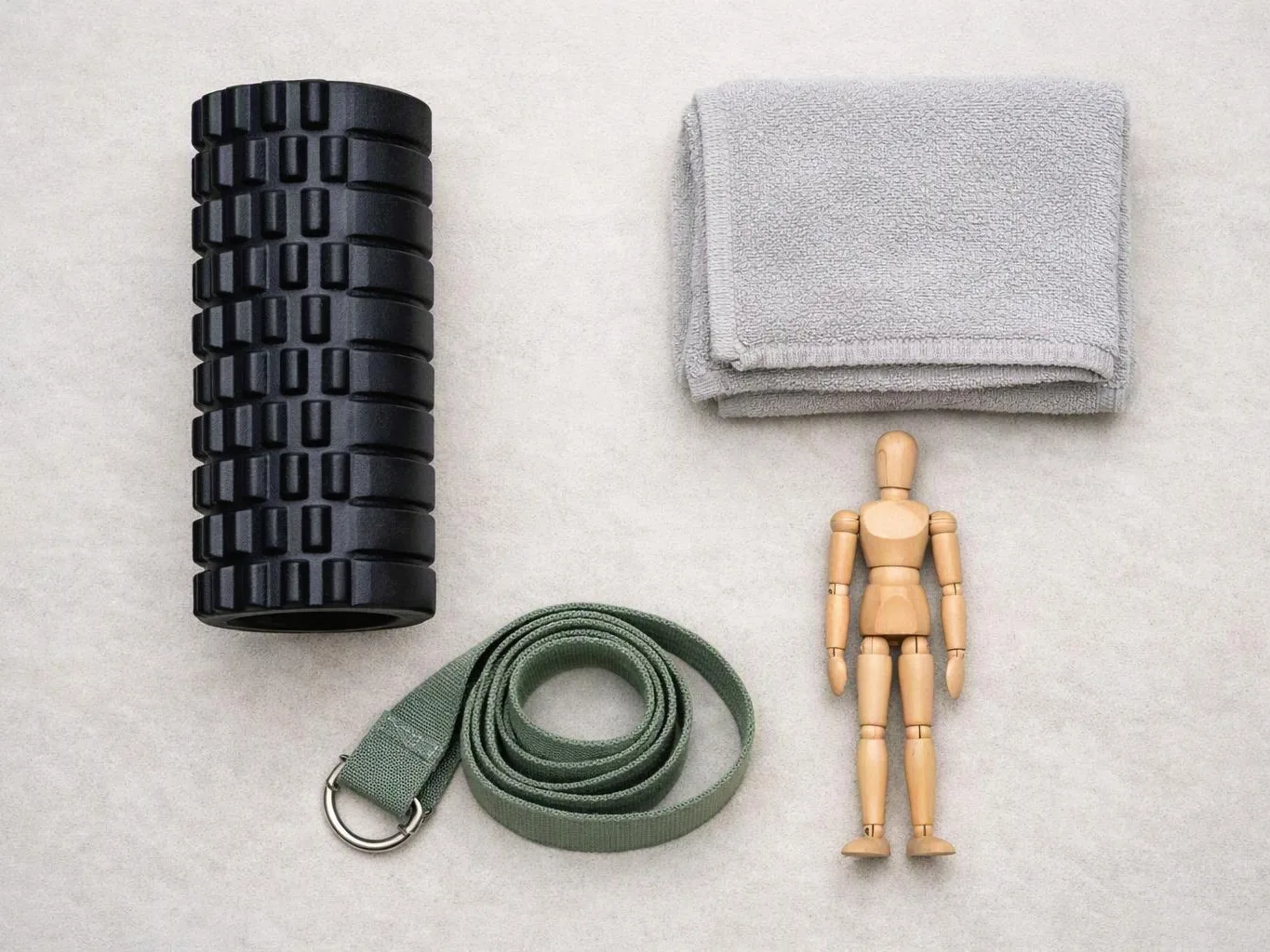 A black foam roller, folded gray towel, green strap, and wooden mannequin lie neatly on a light surface