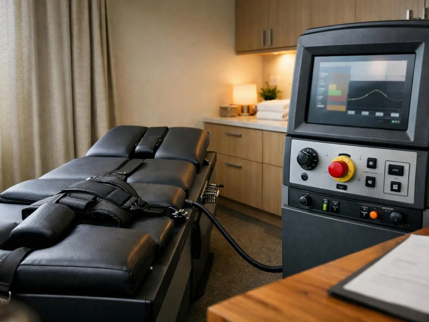 A black medical treatment table sits beside a control machine in a quiet exam room