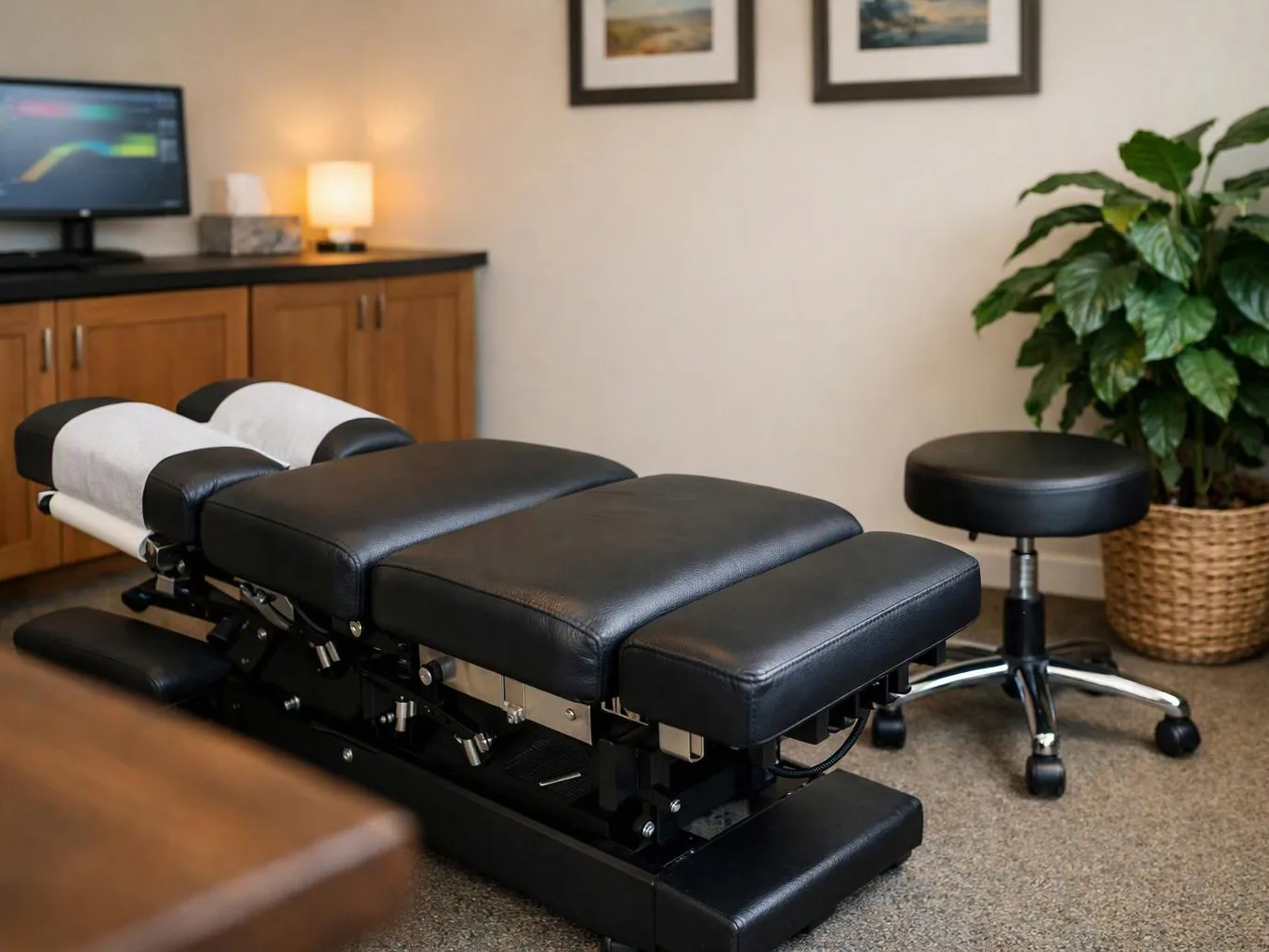 A black padded treatment table sits in a quiet exam room with a stool, cabinet, lamp, and potted plant