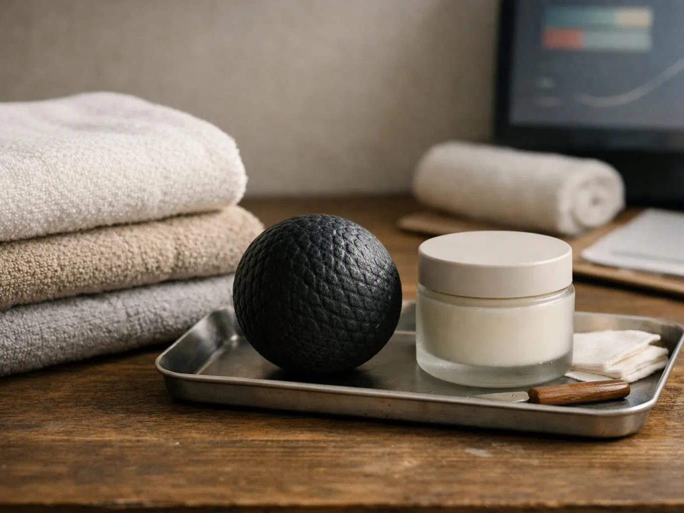 A black textured sphere, cream jar, folded cloths, and rolled towels sit on a metal tray on a wooden table