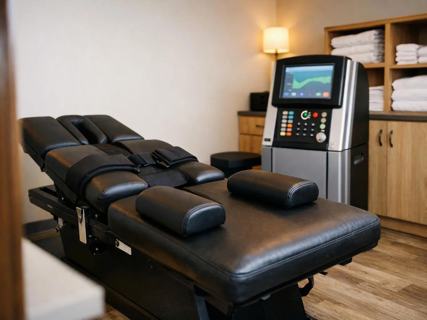 A black treatment chair sits in a clean room beside a control machine, shelves, and folded towels