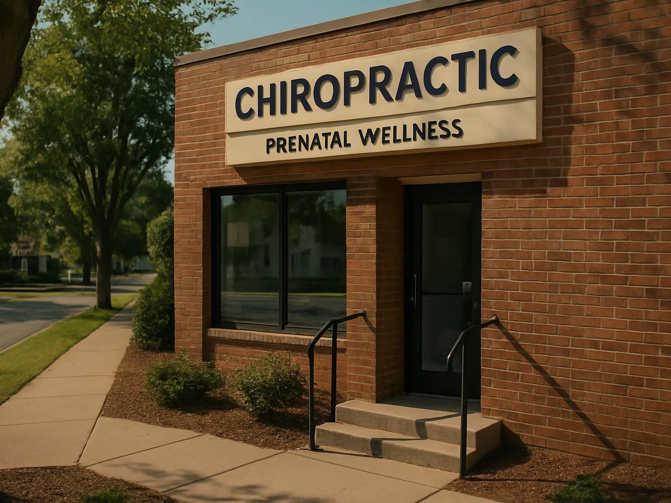 A brick clinic building has a sign reading “CHIROPRACTIC” and “PRENATAL WELLNESS” above a dark entrance door