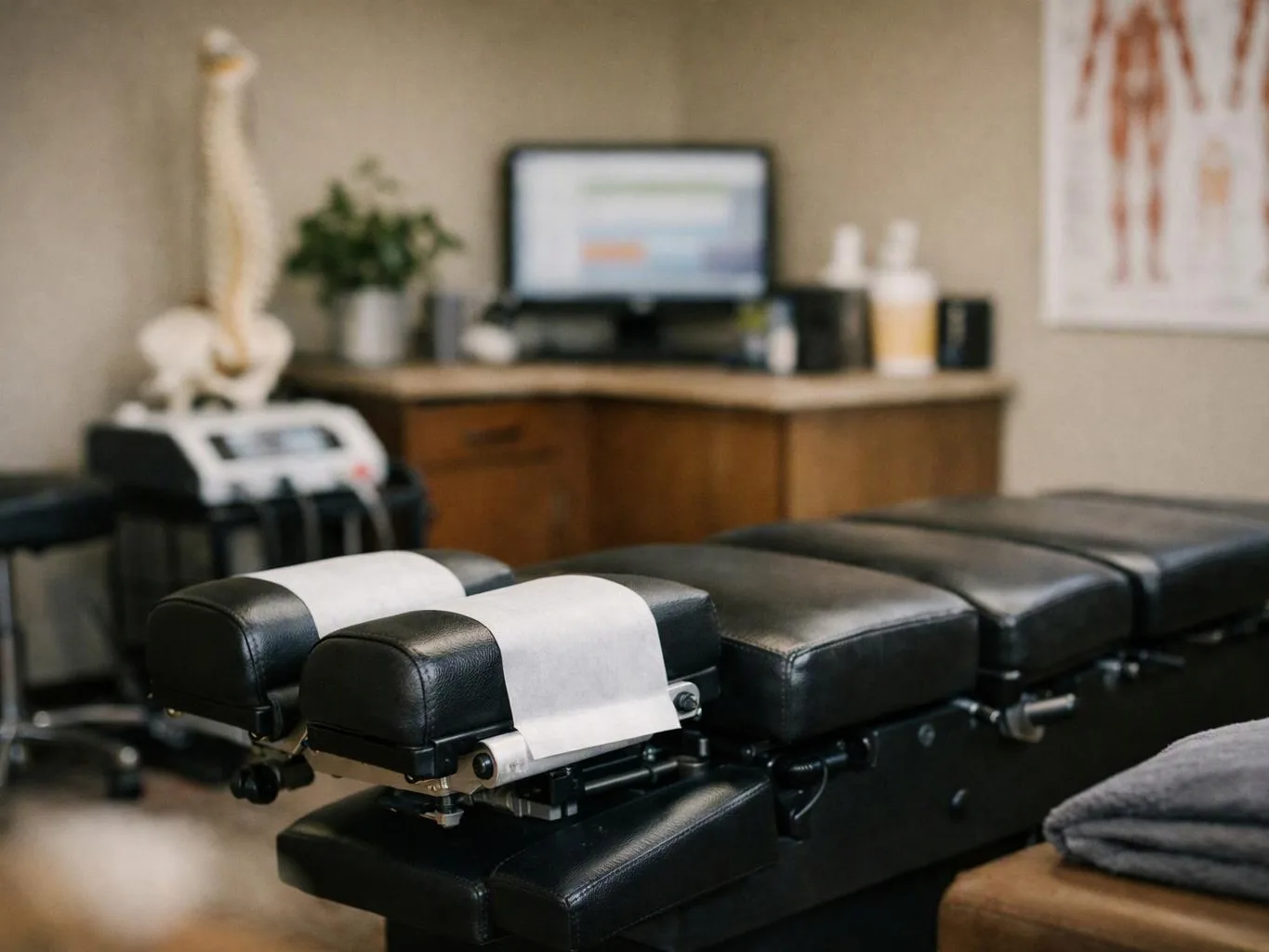 A chiropractic treatment table sits in a clinic room with a computer, anatomical poster, and therapy equipment nearby