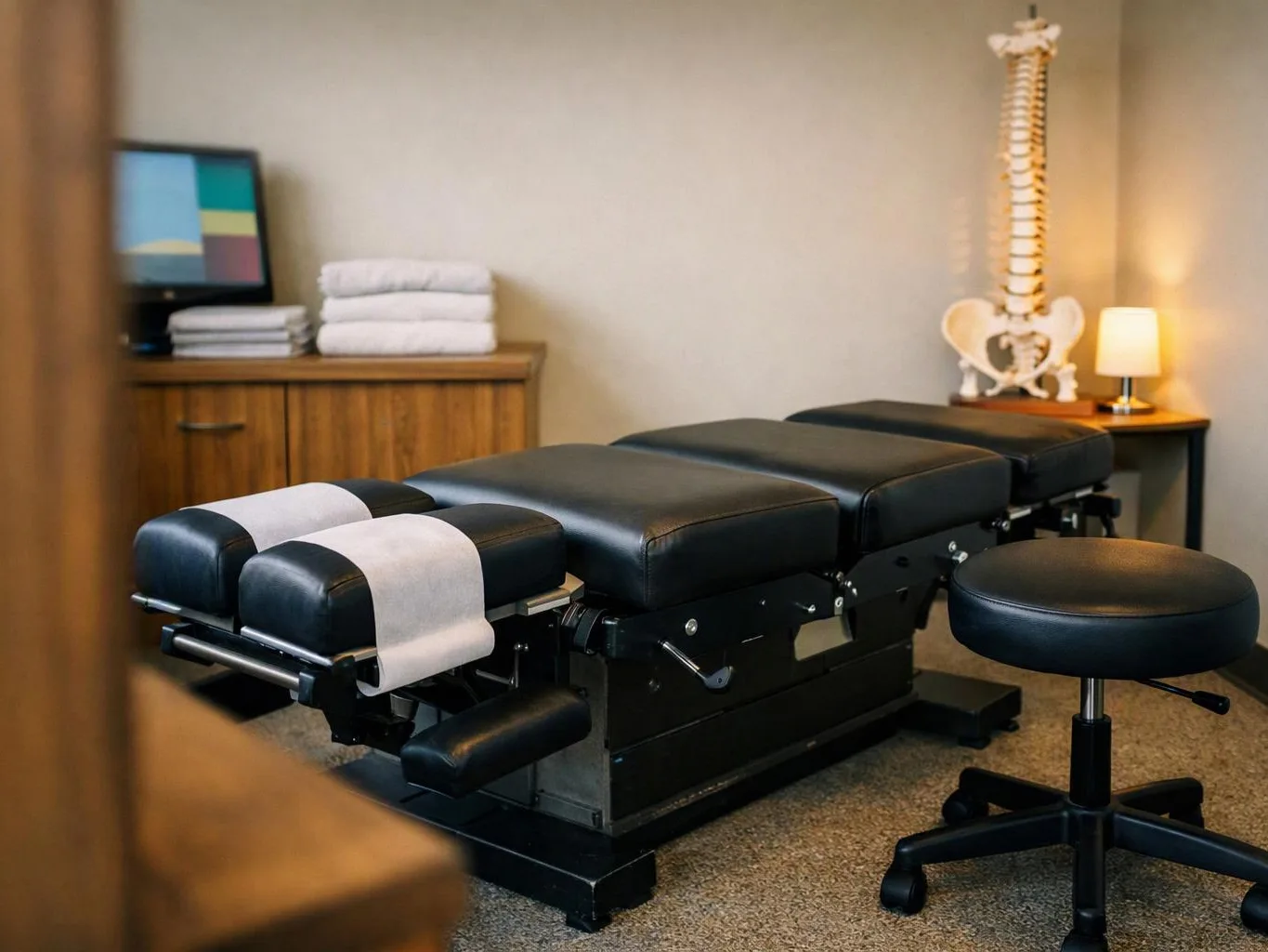A chiropractic treatment table sits in a quiet room beside a stool, lamp, spine model, and cabinet