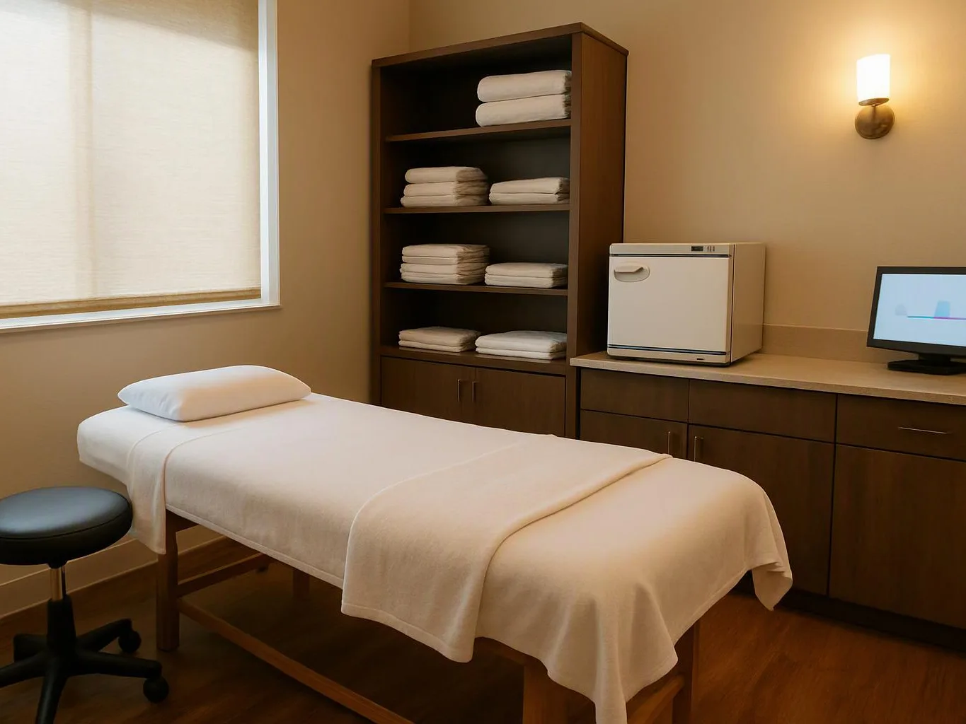 A clean treatment room holds a massage table, towel shelves, a mini fridge, and a wall light