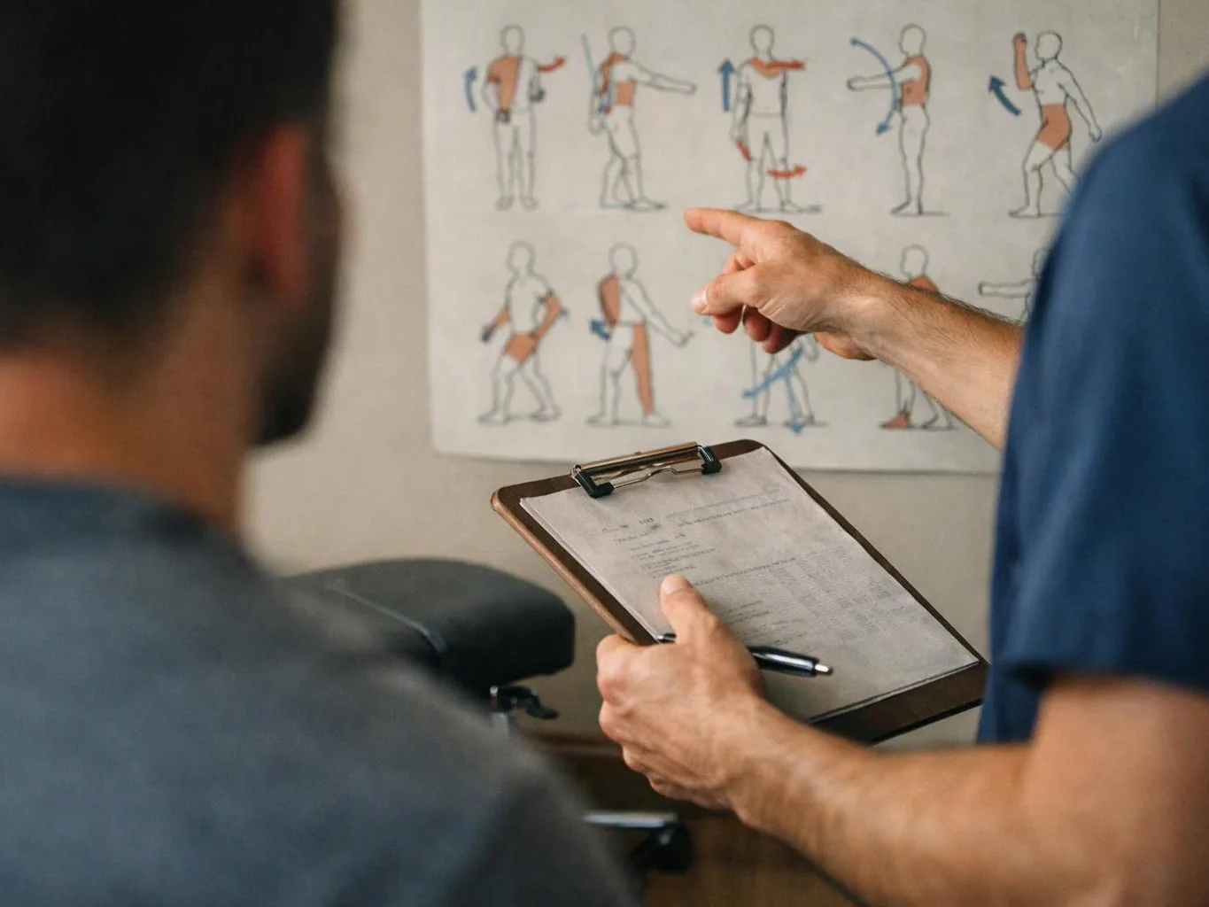 A clinician points at an exercise chart while holding a clipboard during a consultation room visit