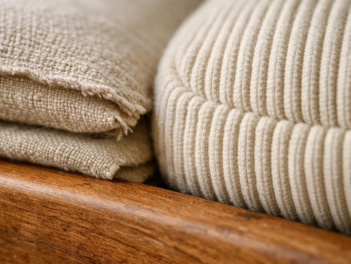 Close-up of beige woven fabric cushions resting on a wooden surface