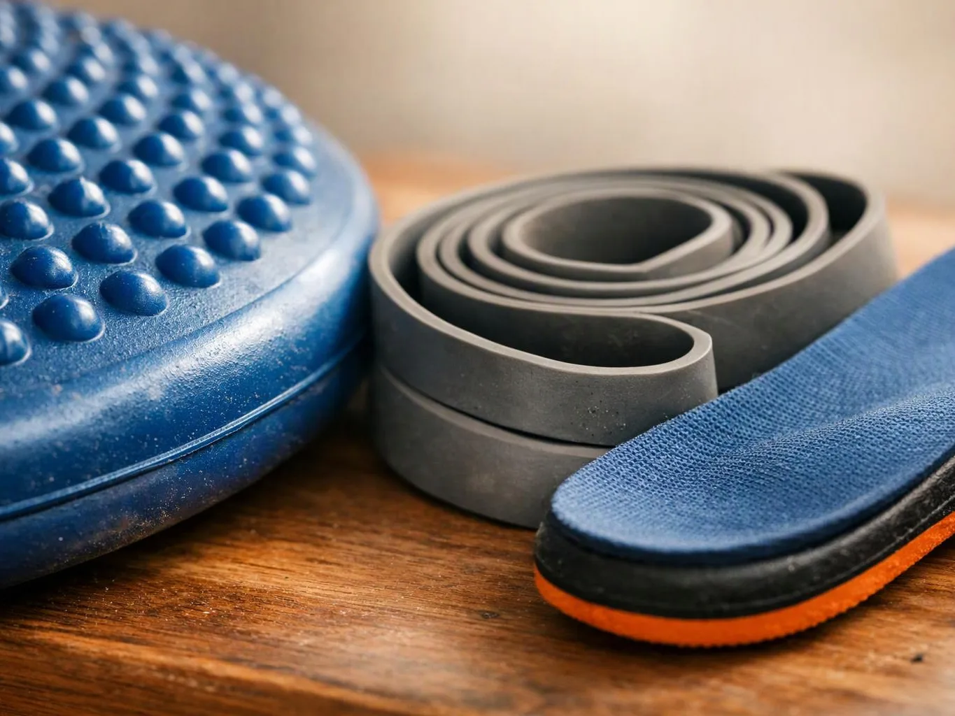 Close-up of a blue textured balance disc, a rolled black exercise band, and a blue insoles on a wooden surface