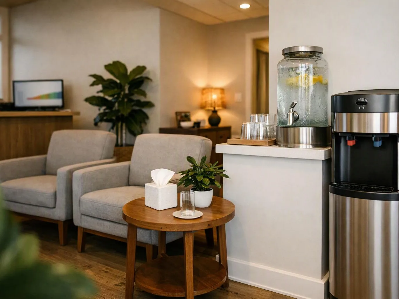 A cozy waiting area has gray chairs, a round wood table, a water dispenser, and a coffee machine