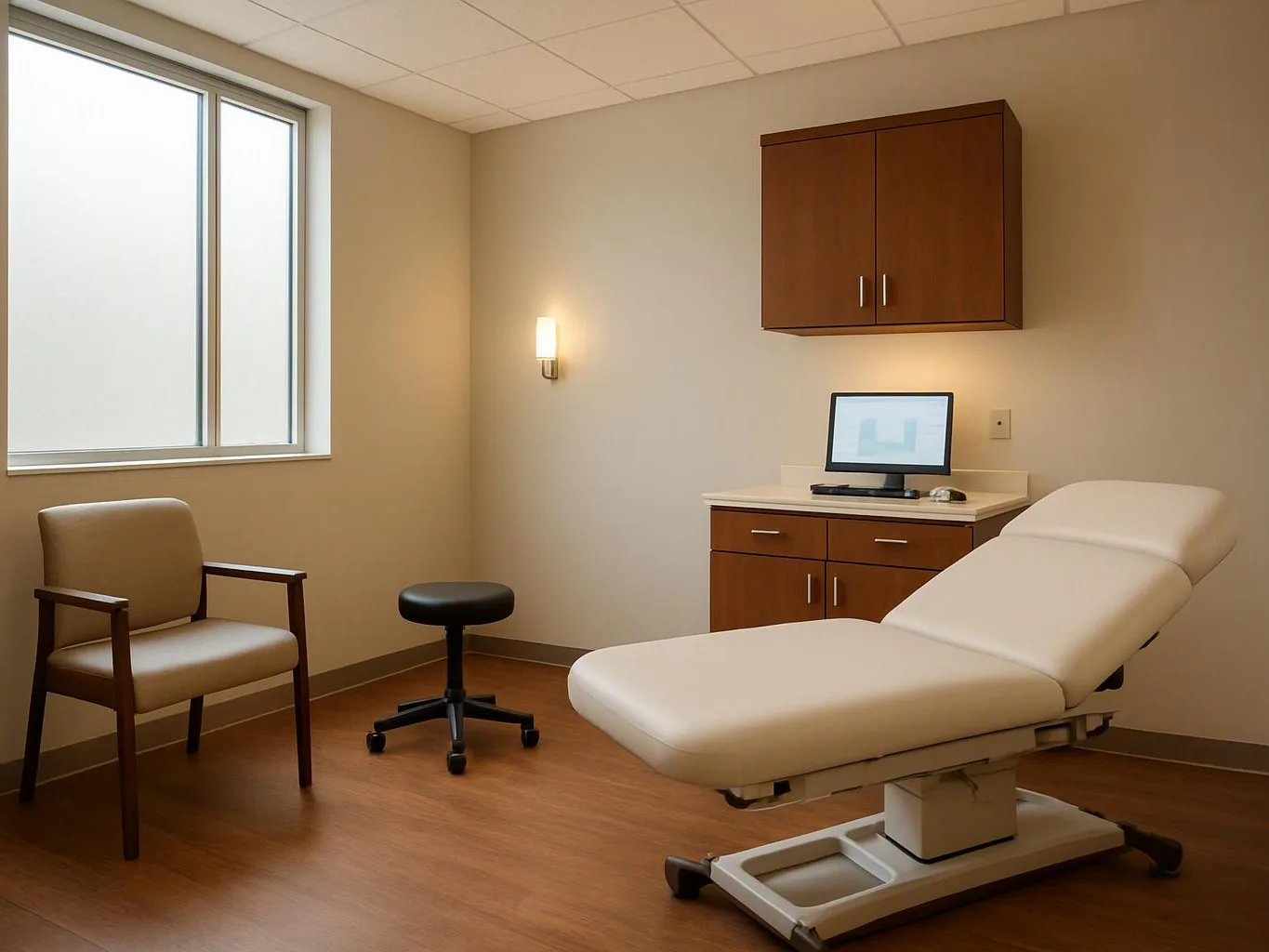 An empty exam room has a padded treatment table, a chair, a stool, and cabinets under soft wall lighting