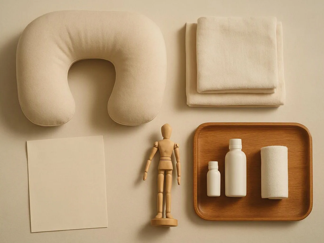 Flat lay of beige props, including a neck pillow, folded towels, blank paper, wooden mannequin, and bottles on a tray