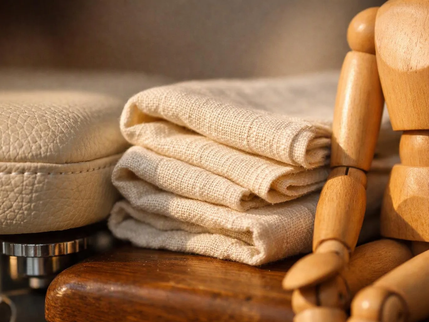 Folded beige cloth sits beside a wooden mannequin and a cushioned seat on a table