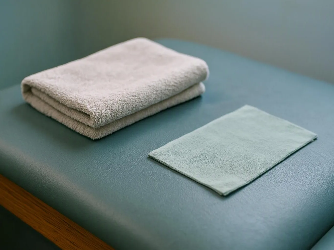 A folded beige towel and a flat cloth rest on a teal padded surface