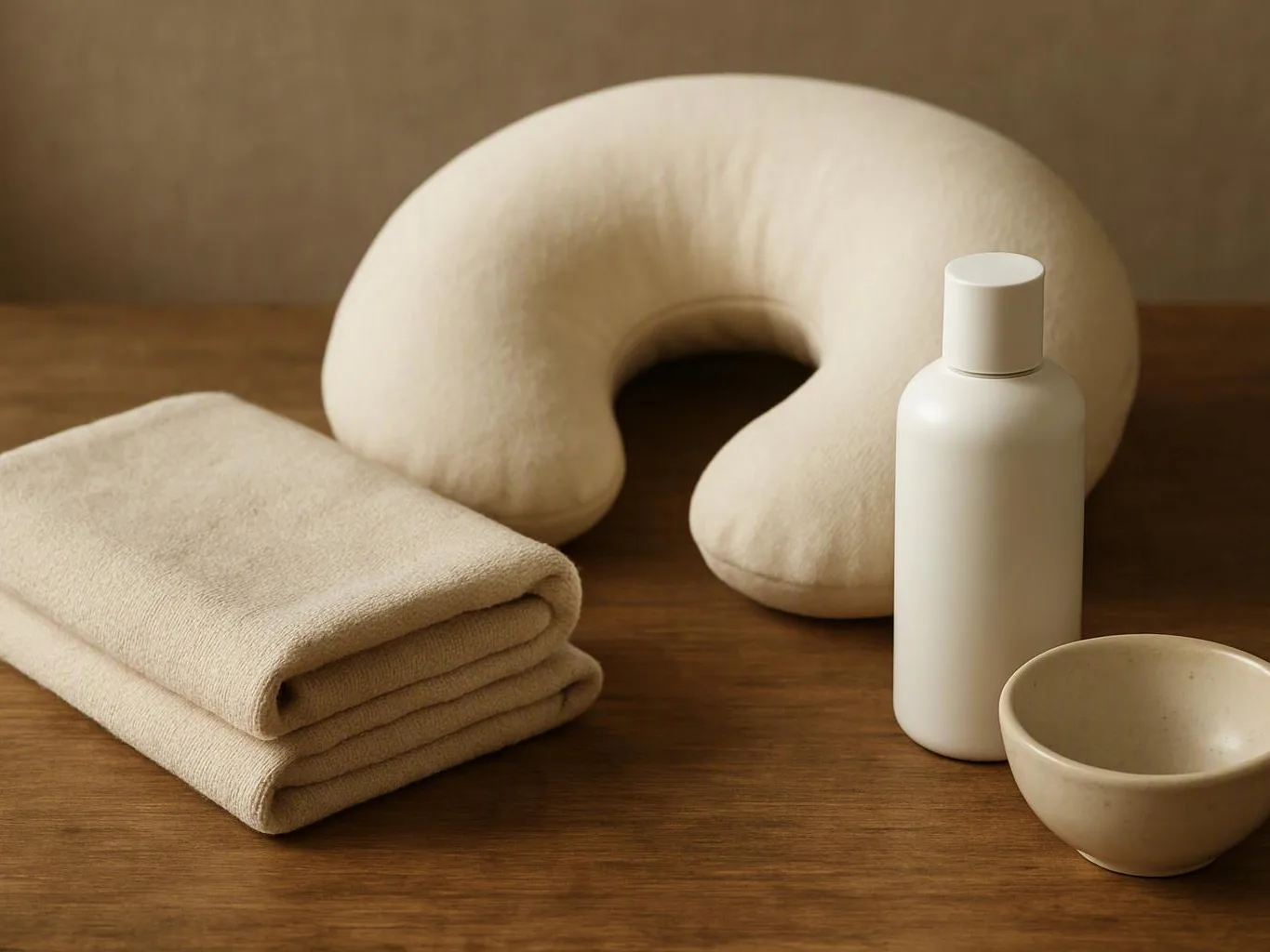 A folded beige towel, neck pillow, white bottle, and small bowl sit on a wooden surface