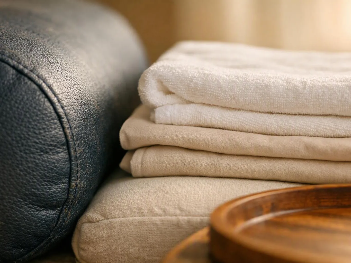 Folded beige towels rest on a cushion beside a dark leather sofa and wooden tray