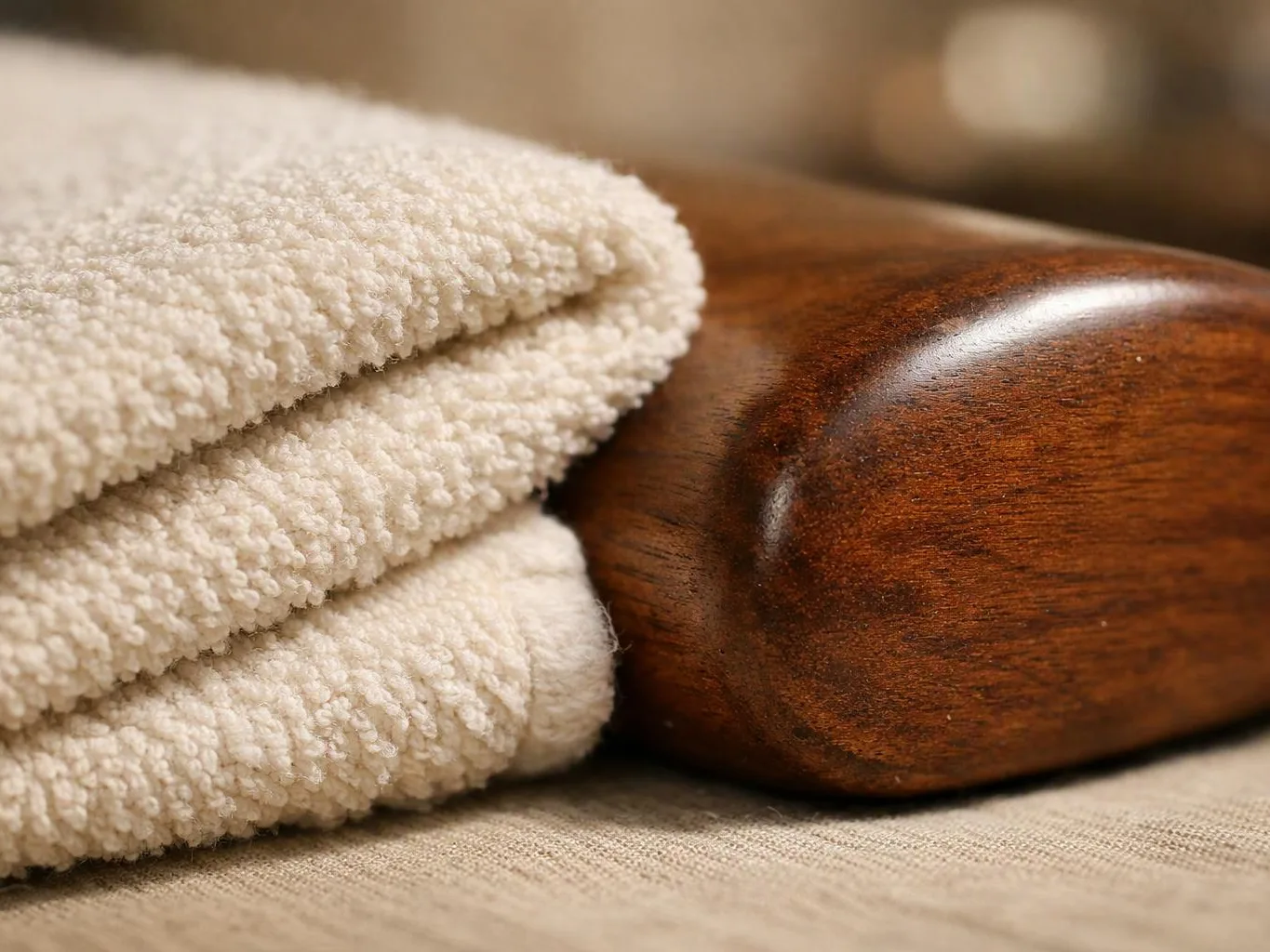 Folded cream towels rest beside a polished wooden surface on a beige fabric background