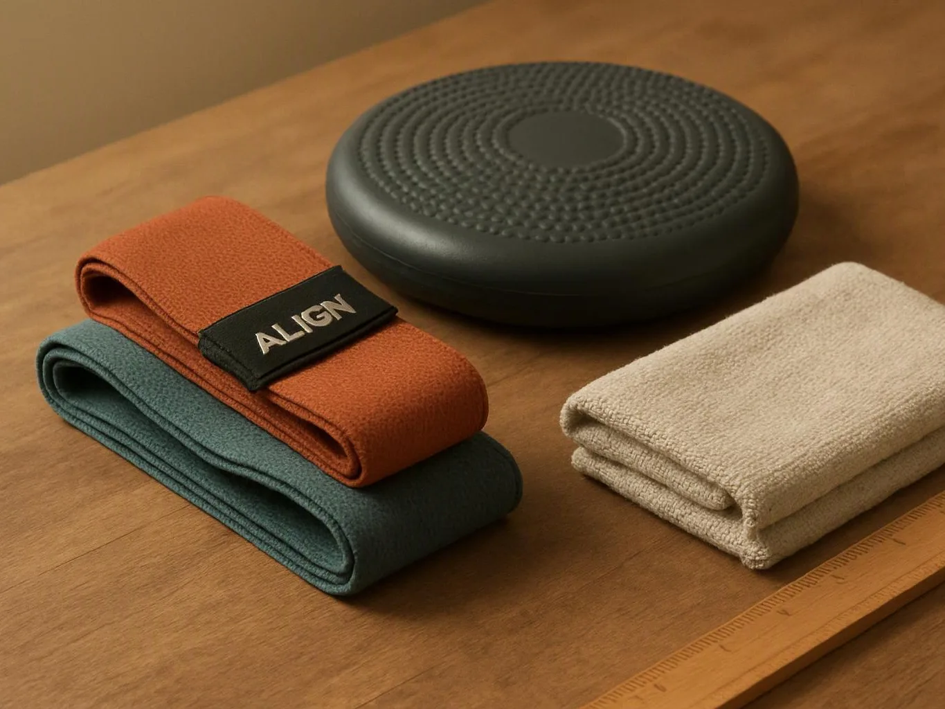 Folded fabric bands and a round black cushion sit on a wooden table, with one band labeled “ALIGN”