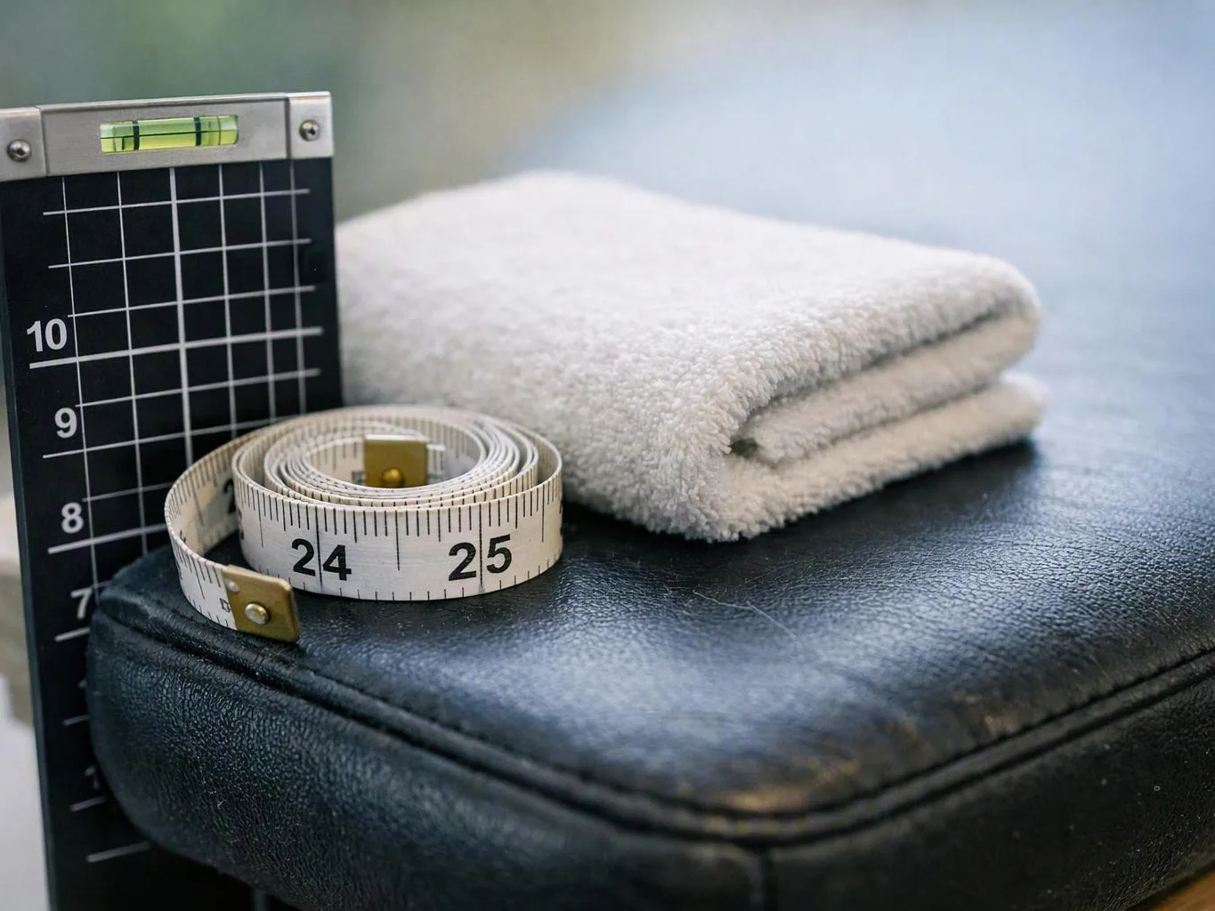 A folded white towel, measuring tape, and height ruler sit on a black surface against a blurred background