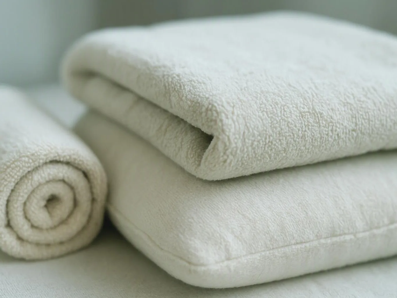 Folded white towels stacked beside a rolled towel on a soft neutral surface