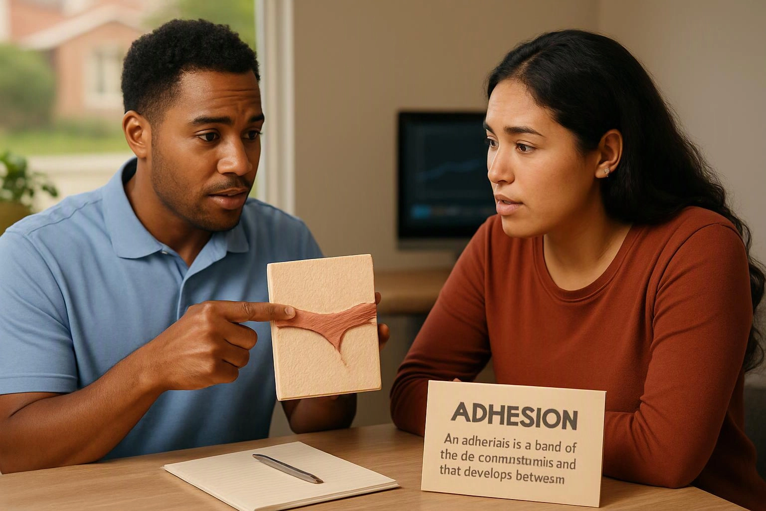 A man points to a small model while talking with a woman at a table, with an adhesion card visible