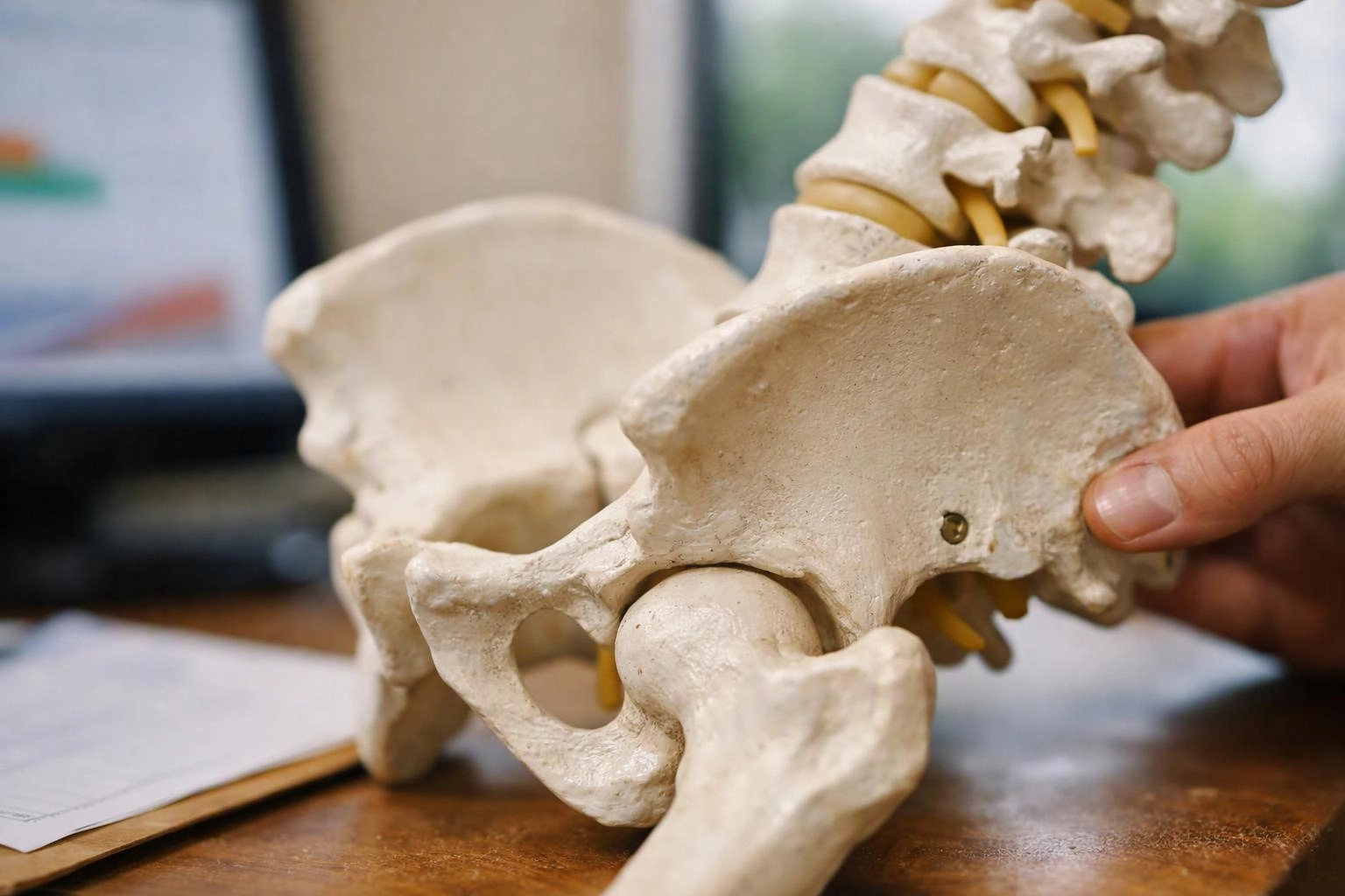 A hand holds a pelvis and lower spine model on a desk in a clinic setting