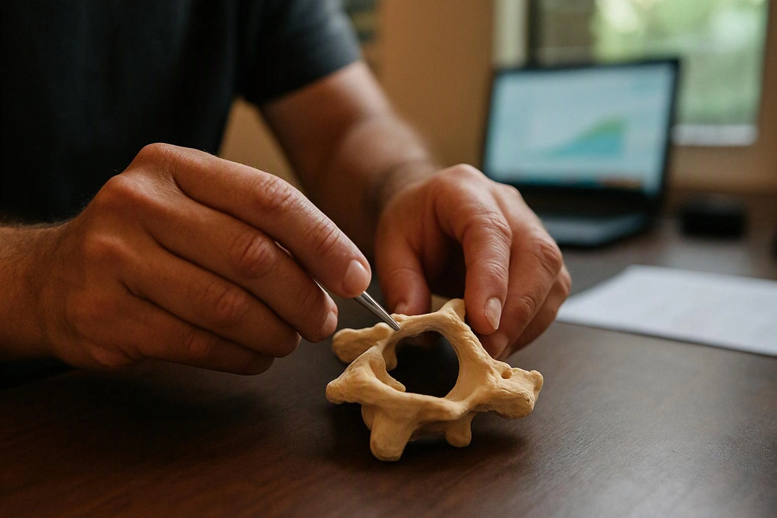 A person uses tweezers to examine a small bone model on a desk with a laptop behind it