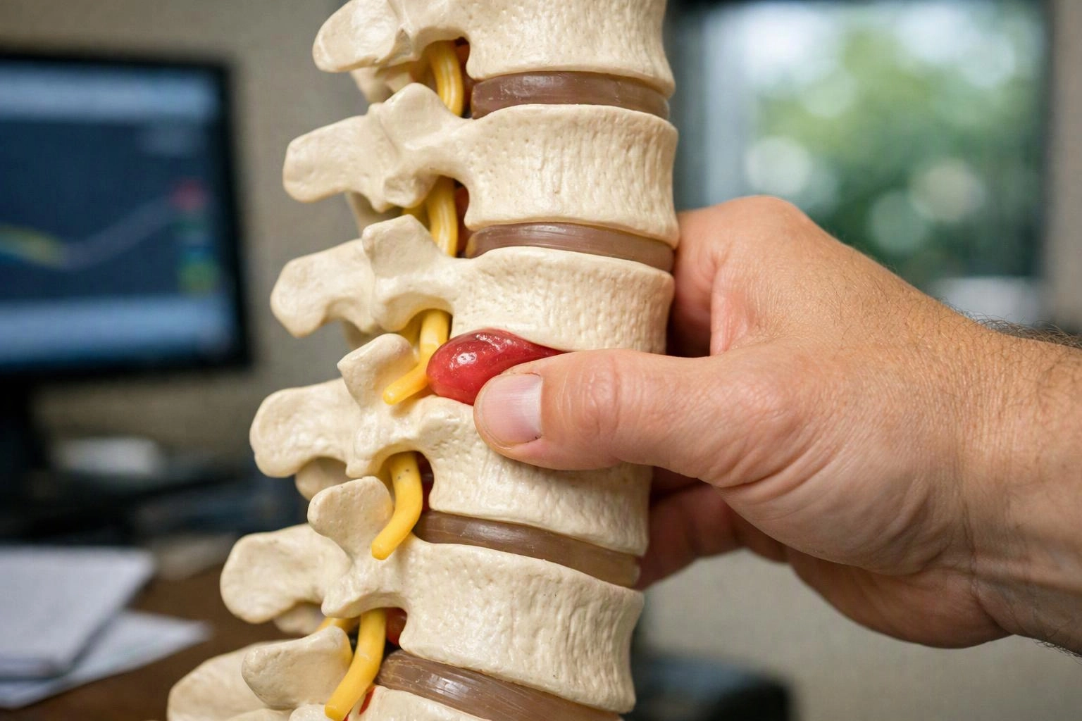 A hand presses a red disc into a spine model, with a blurred office screen in the background
