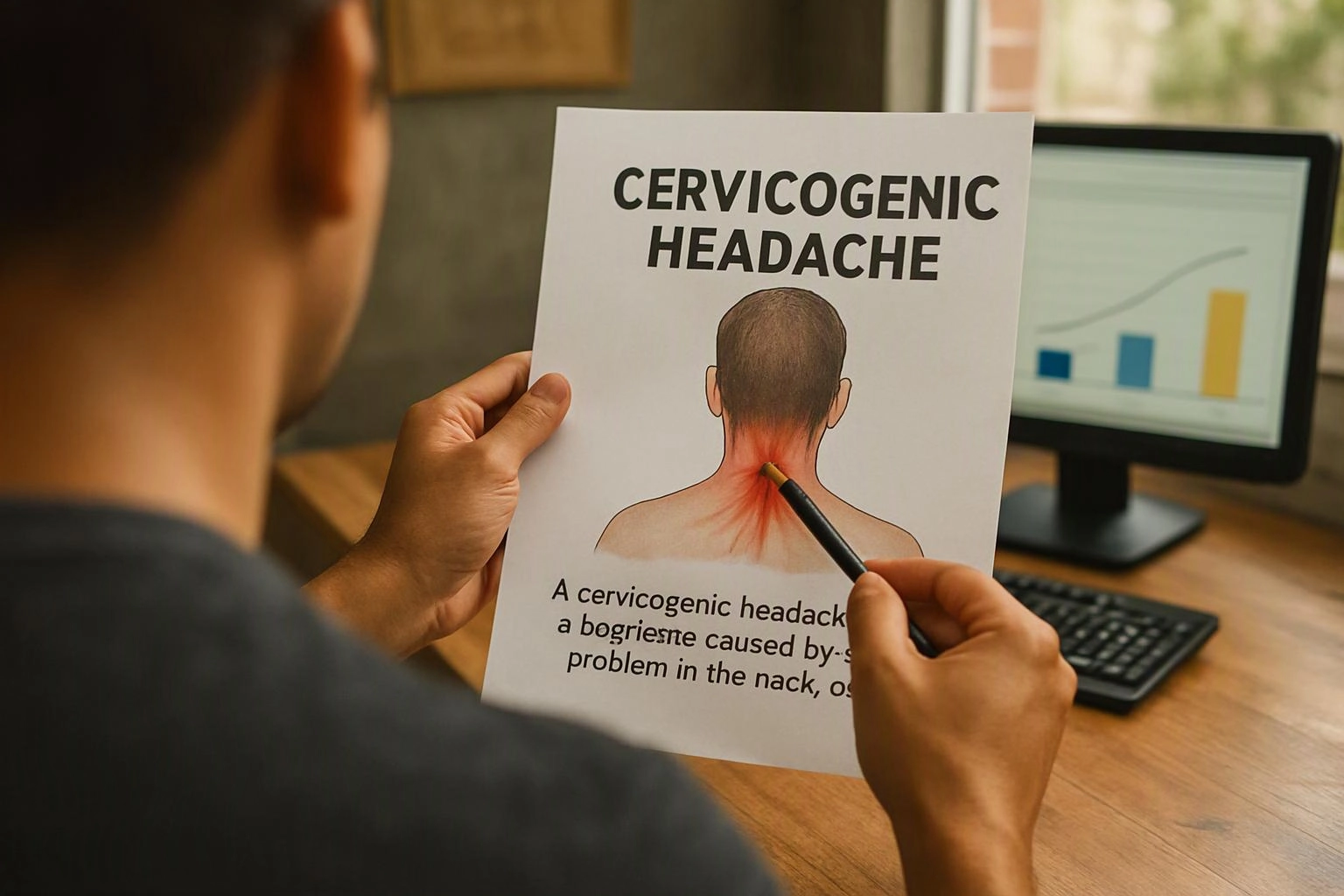 A person points at a medical leaflet about cervicogenic headache beside a computer on a desk