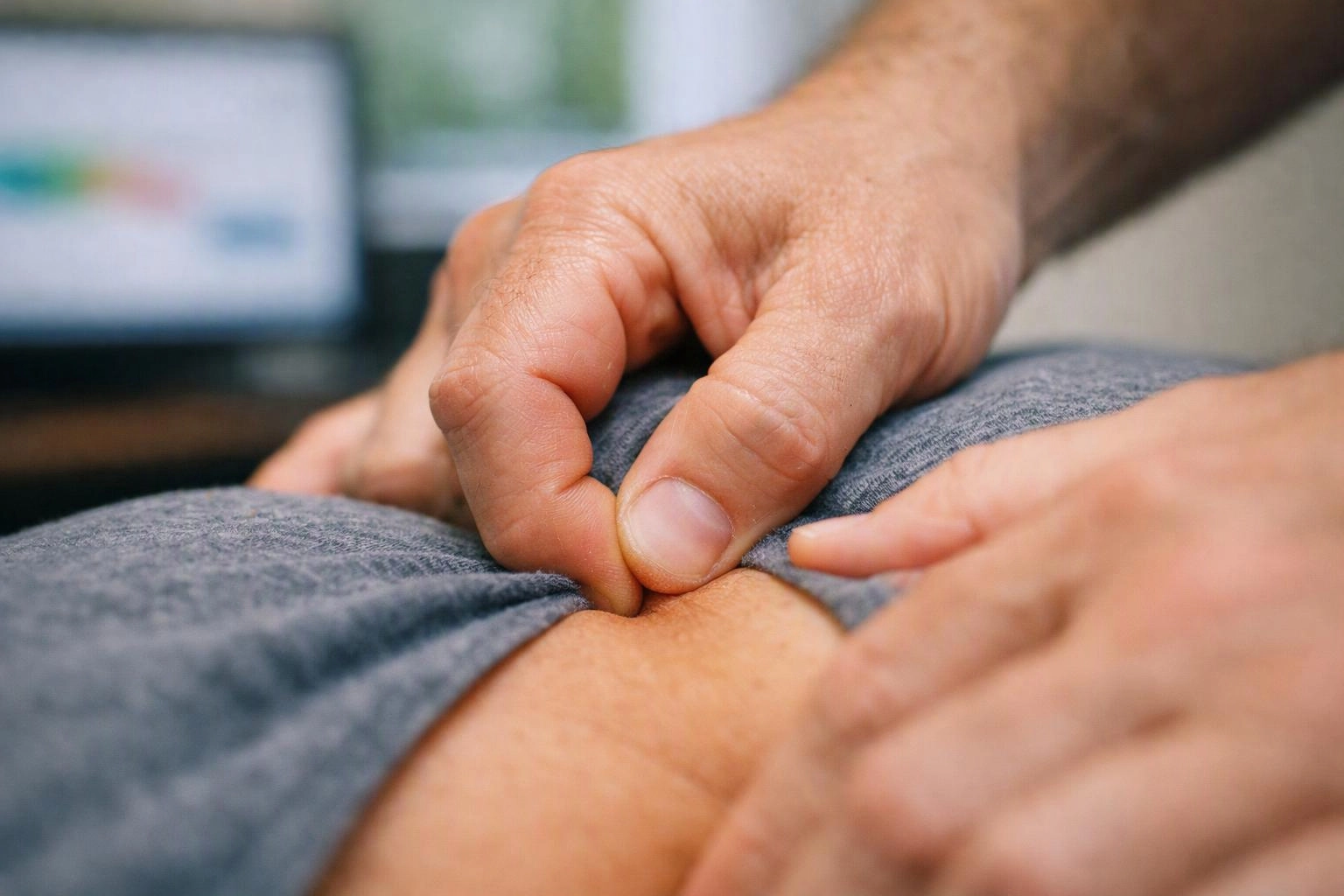 Close-up of hands pinching skin on a covered abdomen, with a blurred screen in the background