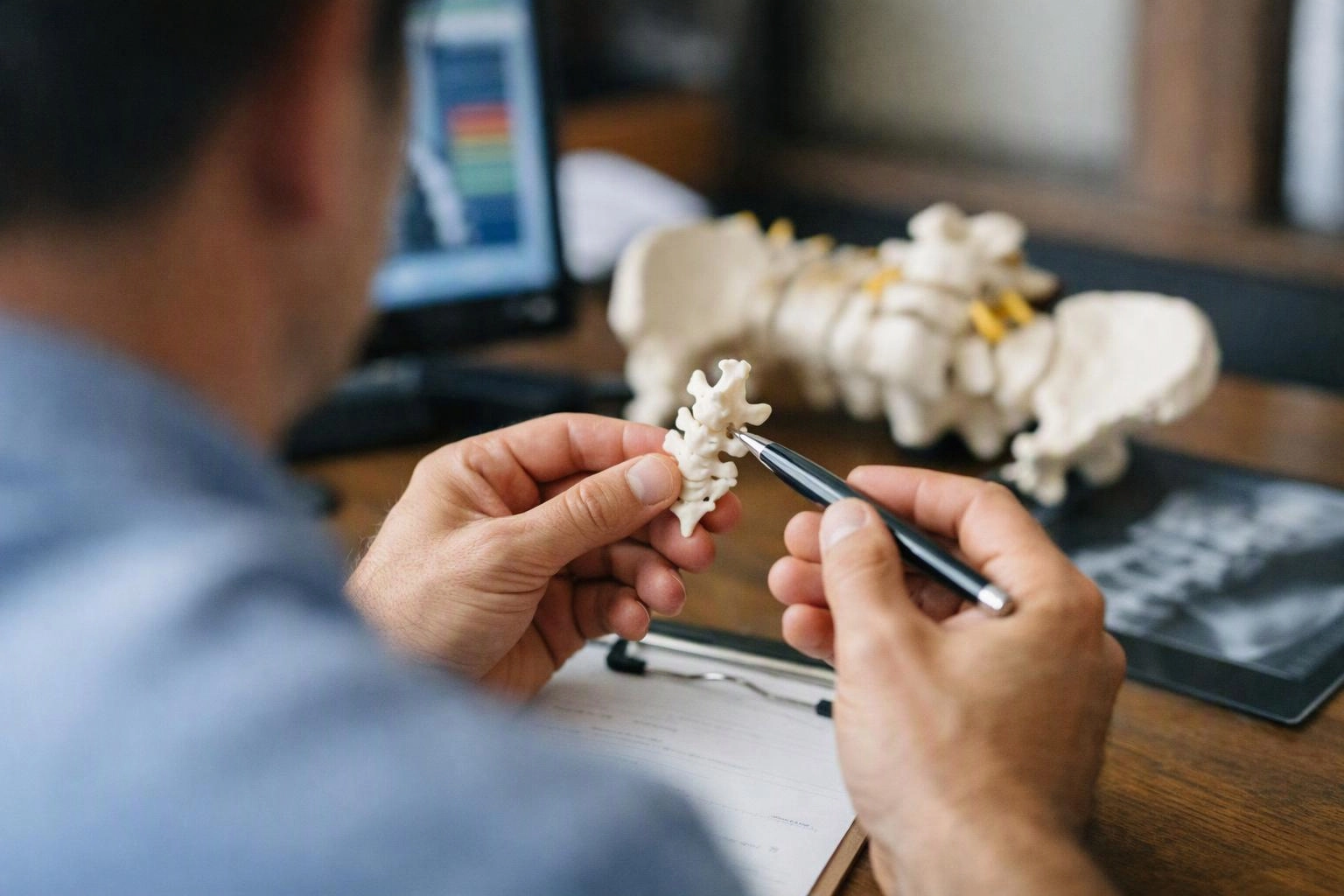 A person studies a small spine model with a pen at a desk, with a larger spine model and laptop behind them