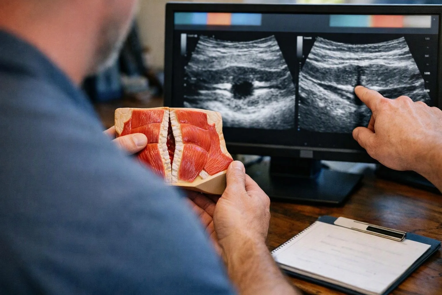 A person holds a muscle model while another points at ultrasound images on a desk monitor
