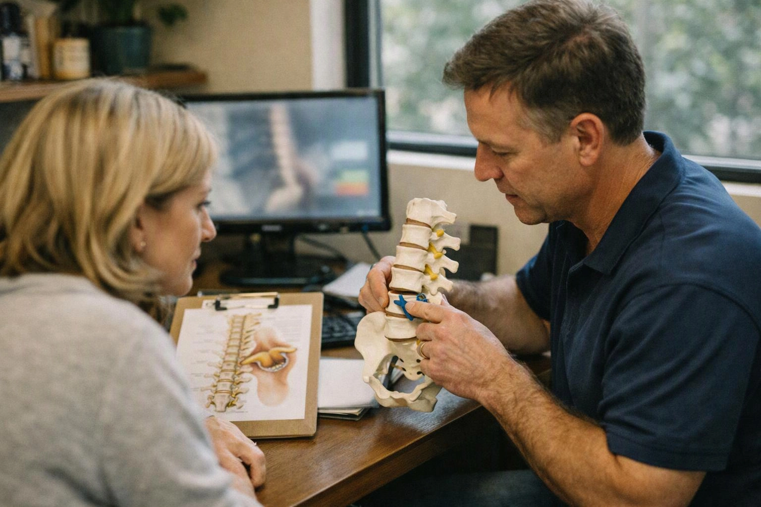 A man shows a spine model to a woman at a desk in a clinic office