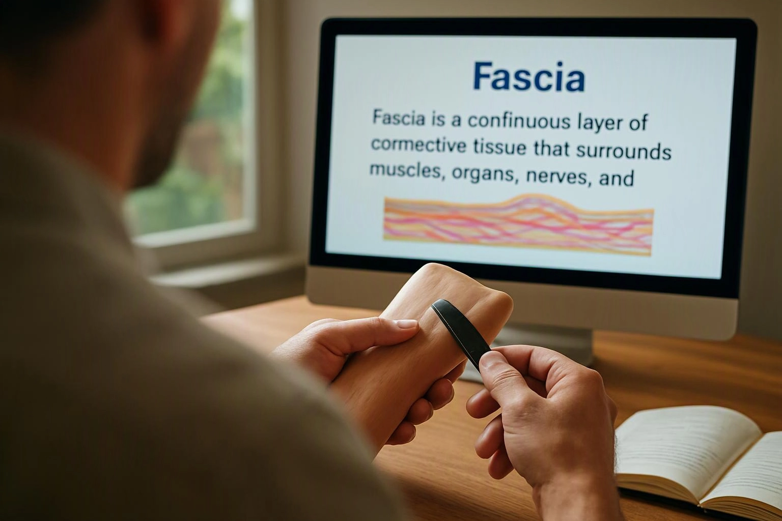 A person holds a model arm and scrapes it with a tool beside a screen showing fascia text
