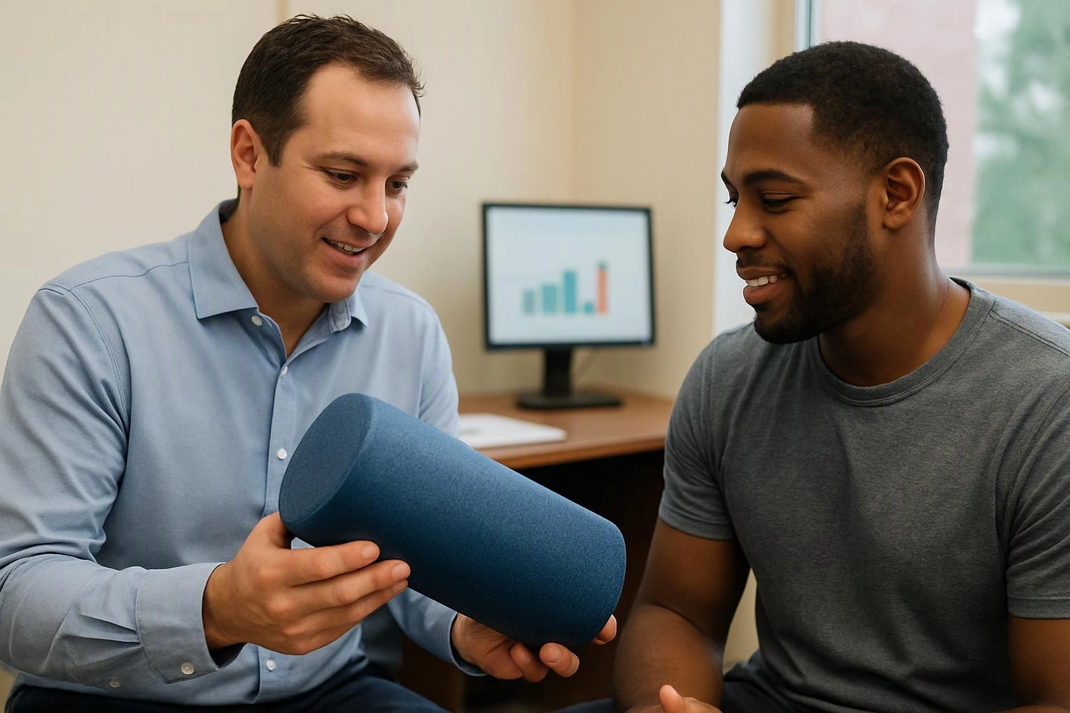 Two men smile as one holds a blue foam cylinder in a bright office room