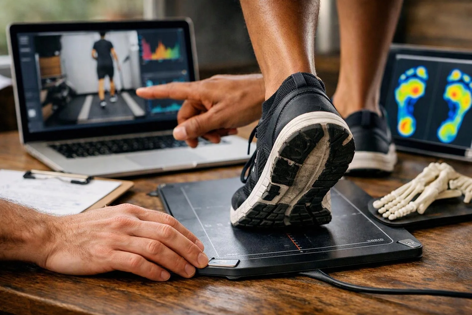 A person stands on a pressure sensor while another points at a laptop screen showing body analysis and foot heat maps