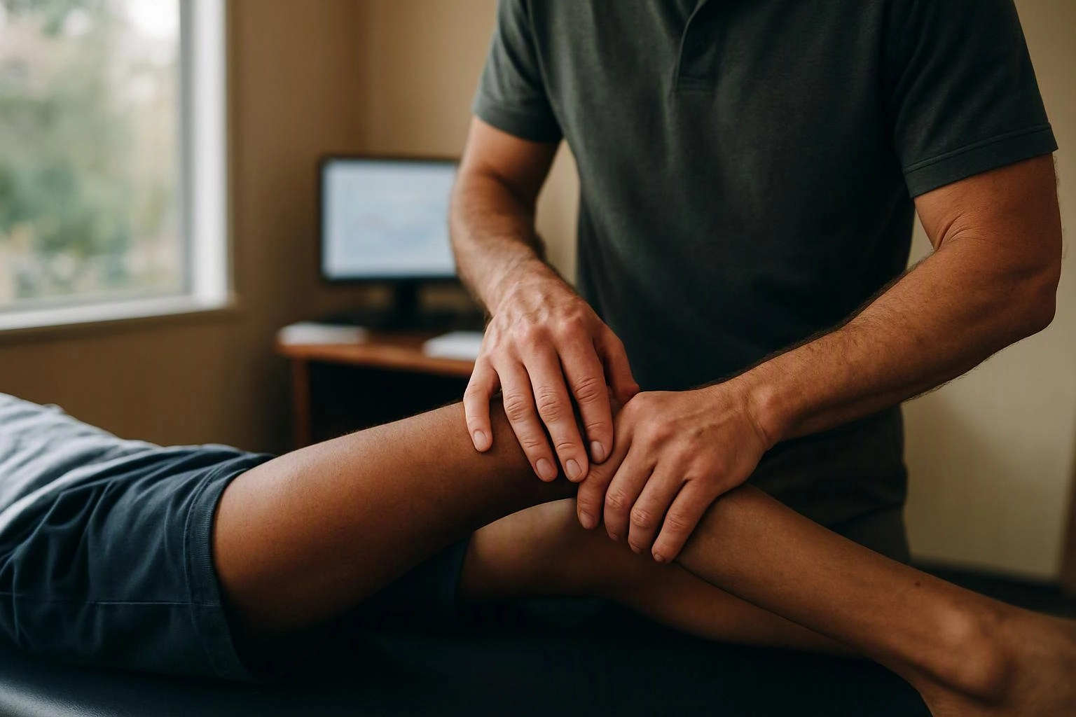 A therapist gently holds a patient’s leg during a treatment session in a quiet clinic room
