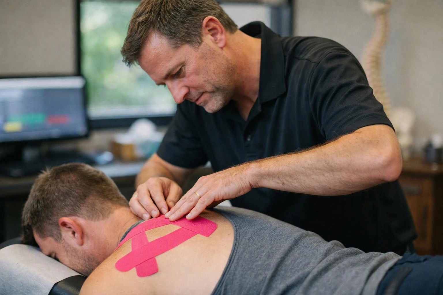 A man applies bright pink tape to another man’s upper back while he lies face down on a treatment table