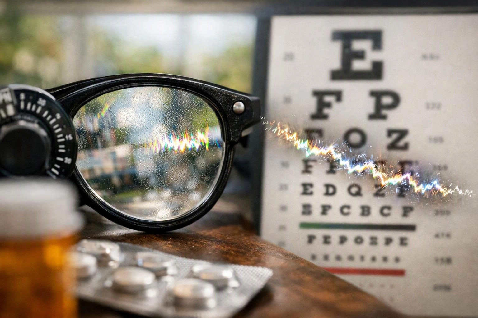 A pair of glasses, a vision chart, and pills sit on a table, with a sparkling scratch across the lens
