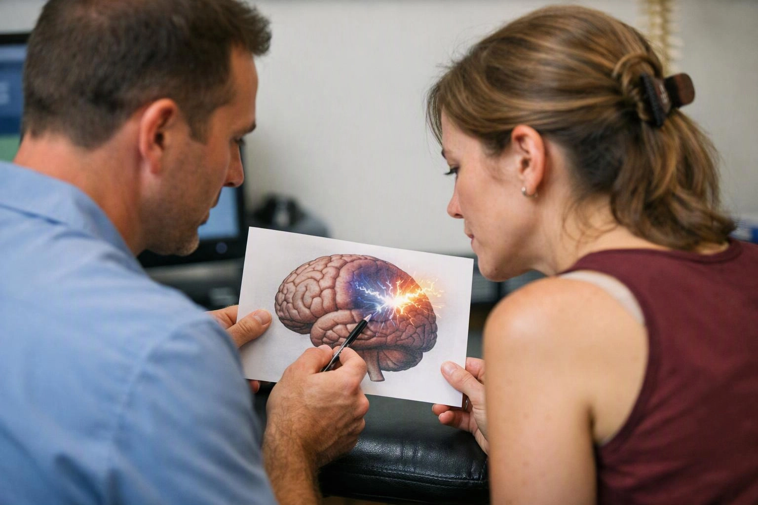 Two adults study a brain diagram together, with one pointing at a bright highlighted area on the paper image