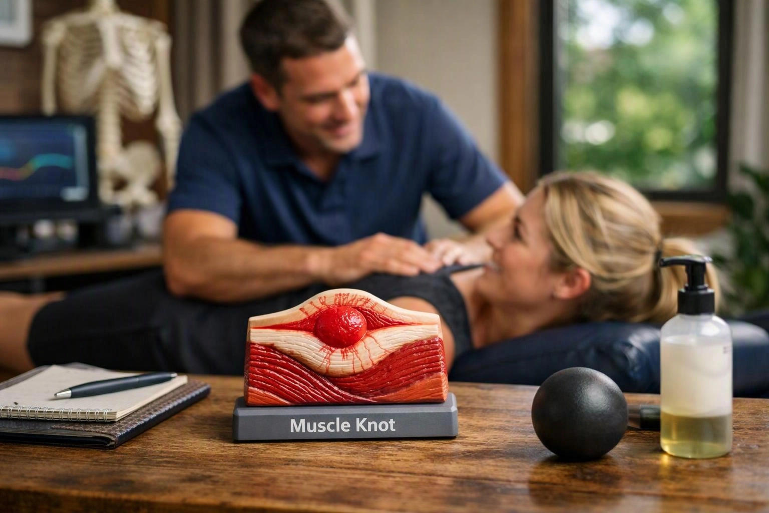 A man massages a smiling woman on a treatment table, with a muscle knot model and massage tools in front