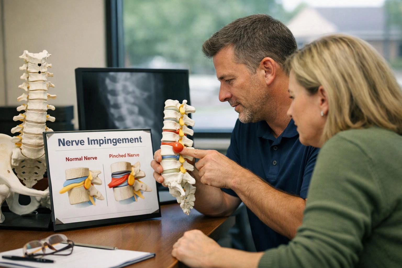 A man points at a spine model while a woman watches beside a nerve impingement diagram in an office