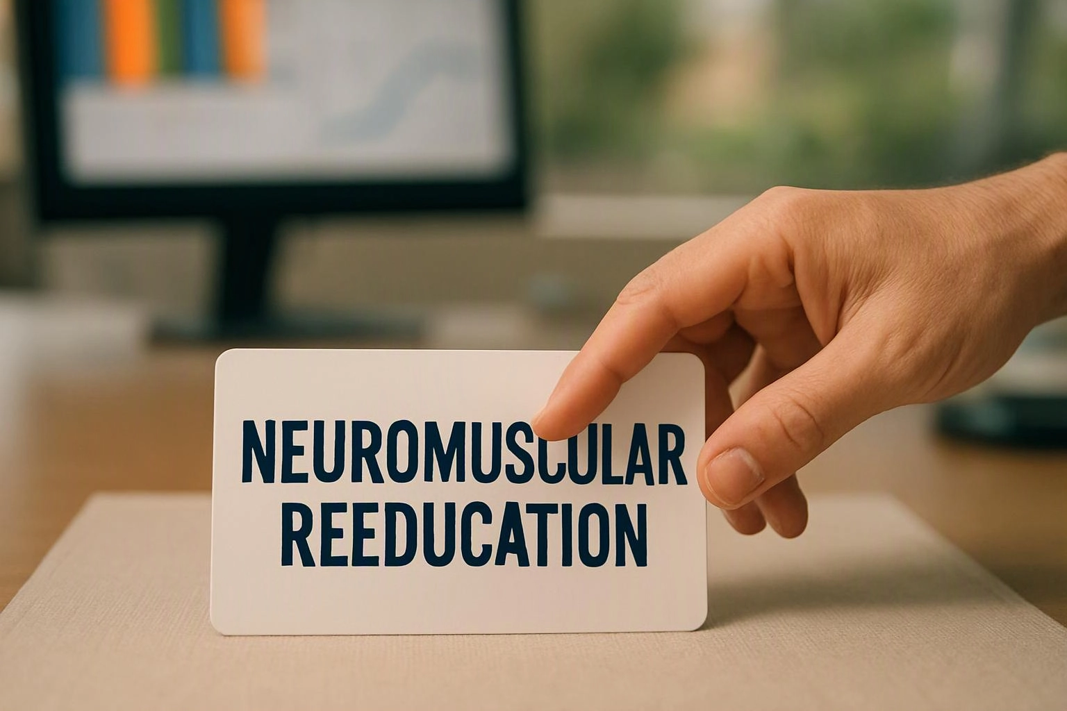 A hand points at a card reading “NEUROMUSCULAR REEDUCATION” on a desk