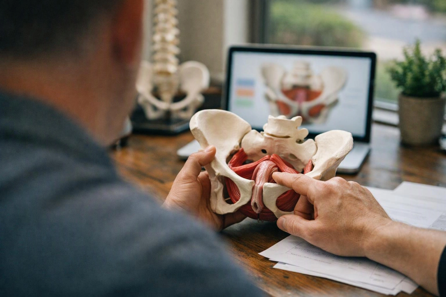 A person points at a pelvic anatomy model beside a laptop on a wooden desk