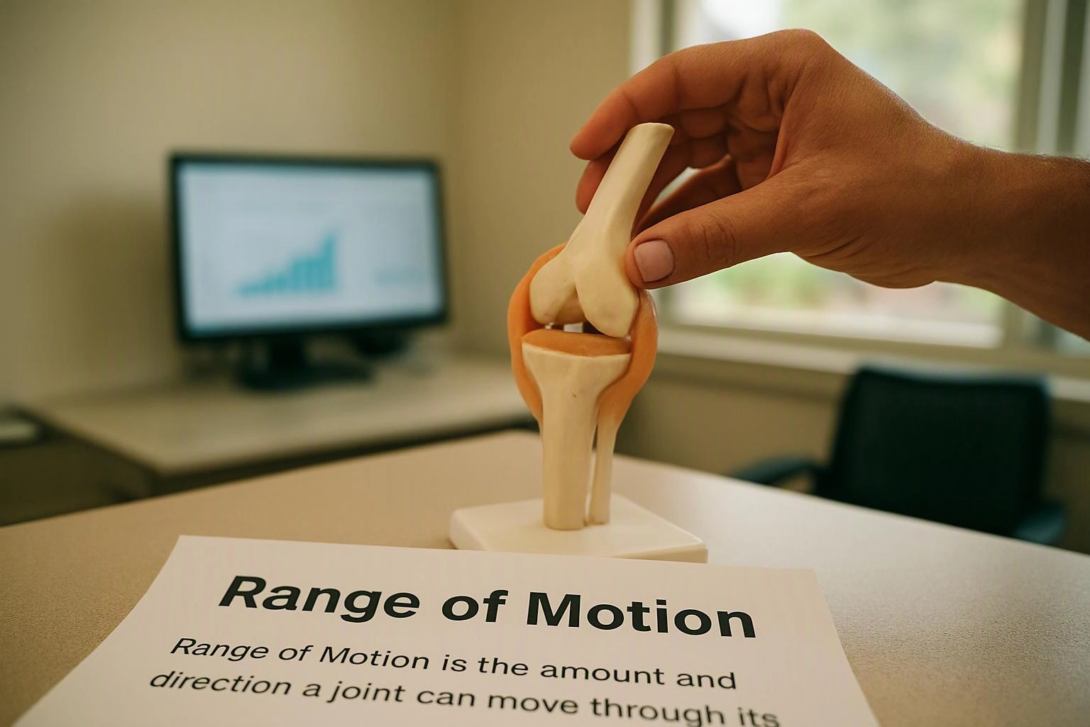 A hand bends a knee joint model beside a paper titled “Range of Motion” in an office setting