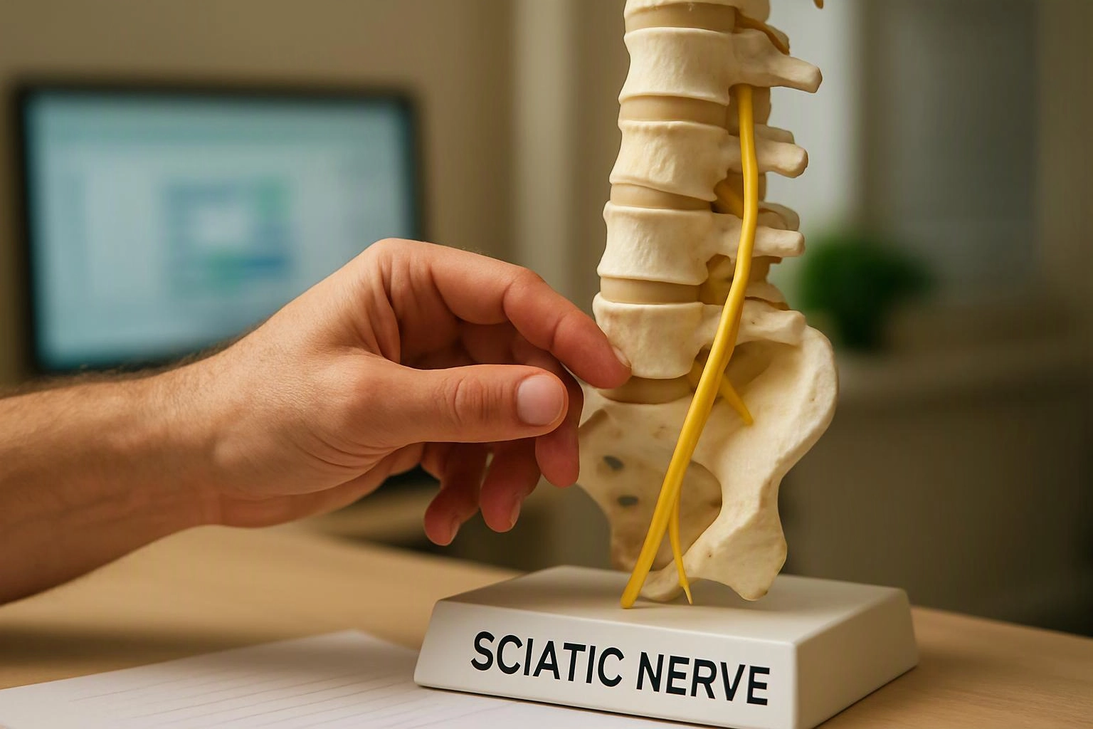 A hand points at a spine model showing a yellow nerve beside a base labeled "SCIATIC NERVE"