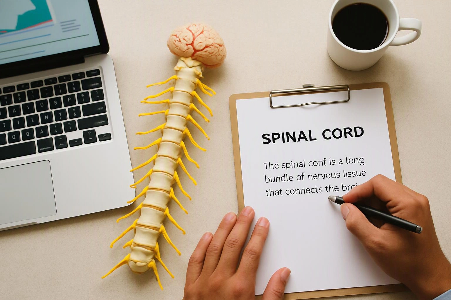 Hands write on a clipboard beside a spine model, laptop, and coffee cup on a desk