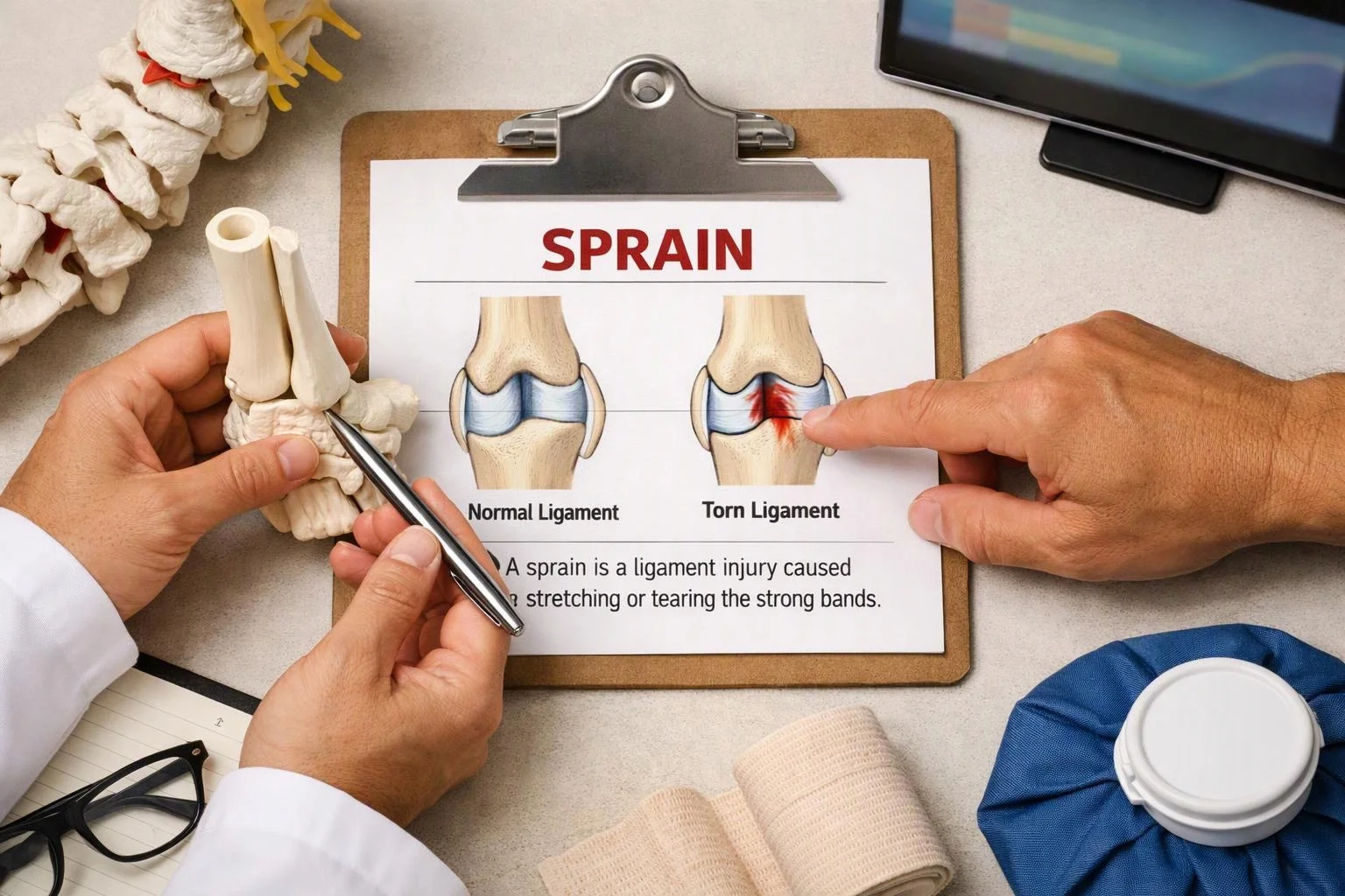 Hands point at a clipboard showing a sprain diagram beside a model spine and medical supplies