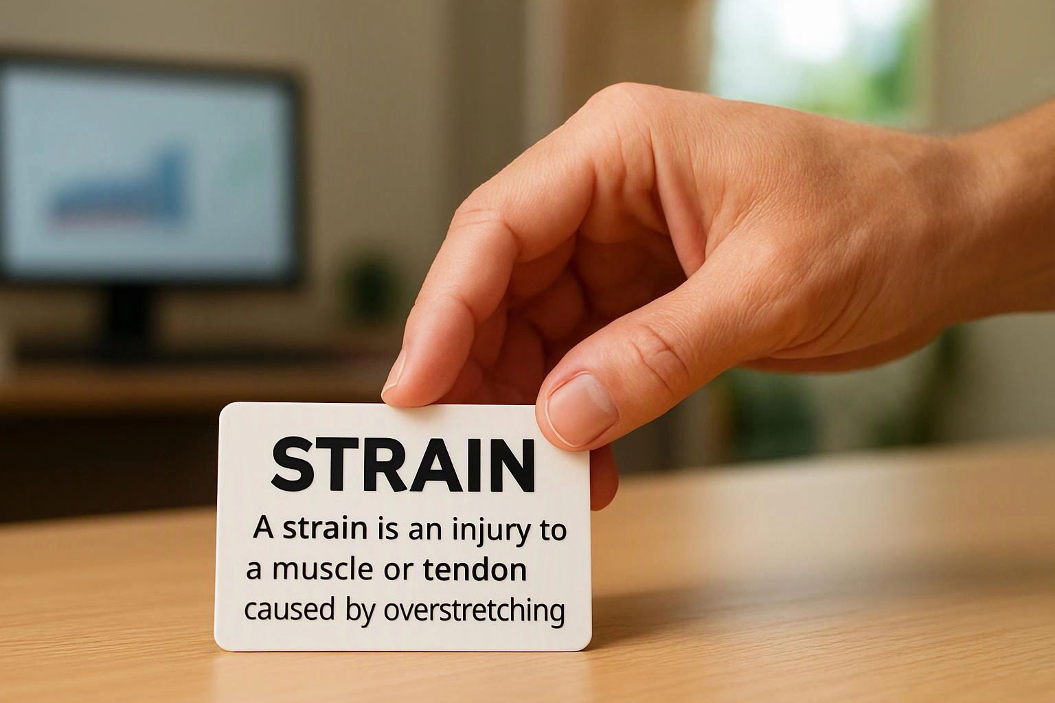 A hand holds a card labeled “STRAIN” over a wooden table, with a blurred computer screen in the background